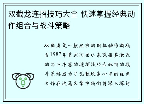双截龙连招技巧大全 快速掌握经典动作组合与战斗策略